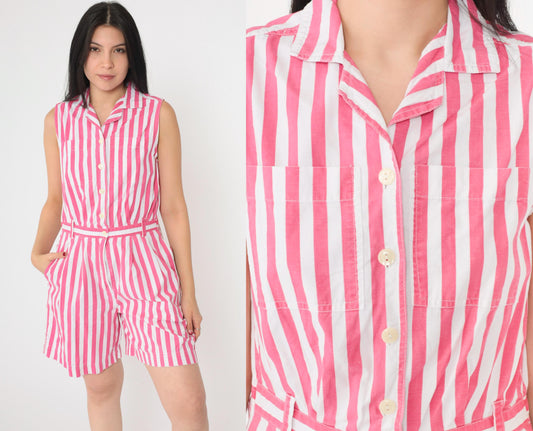 80s Striped Button-Up Romper White Pink High Waist Cotton Sleeveless Small