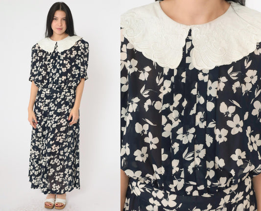 80s Karin Stevens Navy Floral Maxi Dress Pleated High Waist Puritan Collar Medium