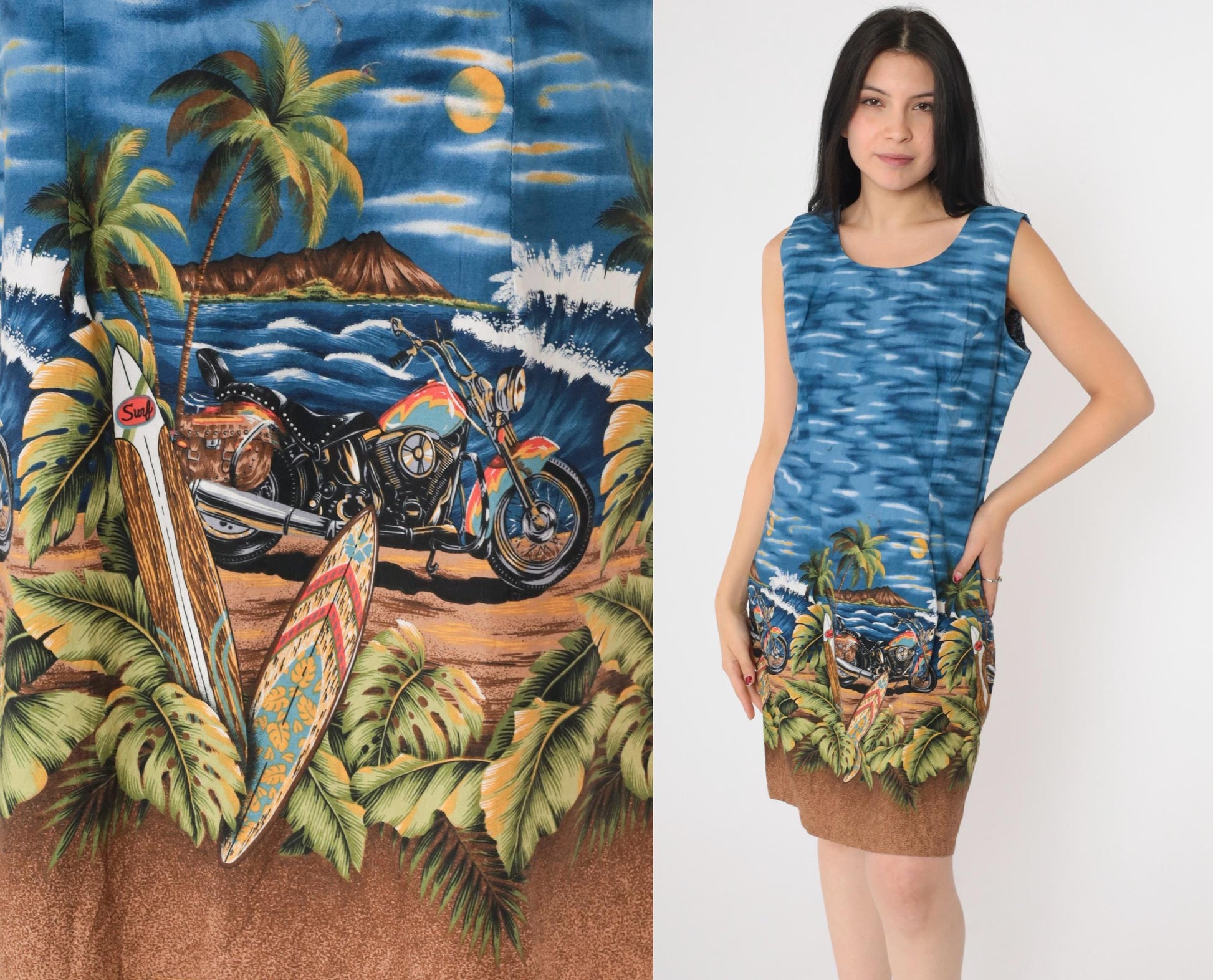 1990s Hawaiian Shift Dress Motorcycle Sunset Print Sleeveless Blue Medium