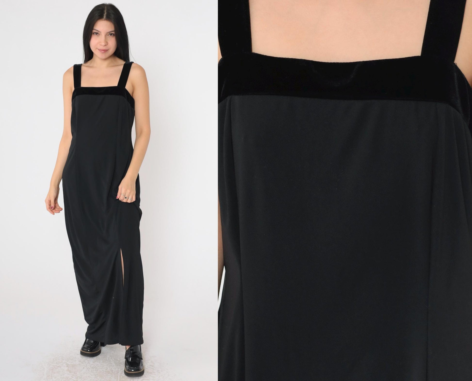 90s Black Velvet Strap Maxi Dress Sleeveless Sheath Front Slit Medium