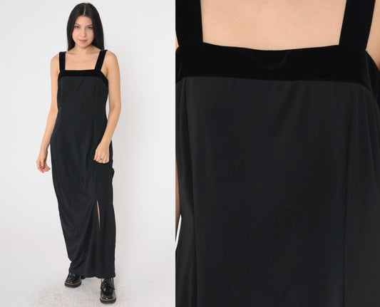 90s Black Velvet Strap Maxi Dress Sleeveless Sheath Front Slit Medium