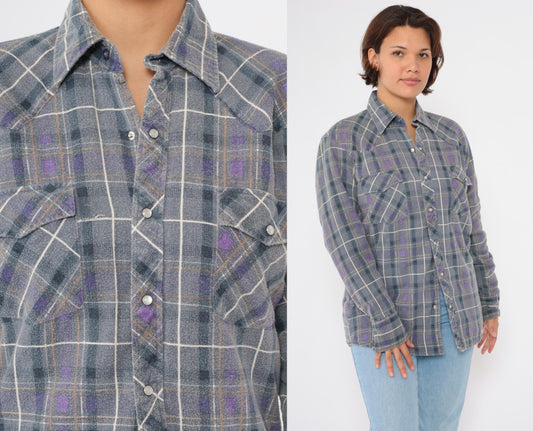 90s Rock Creek Ranch Pearl Snap Flannel Shirt Grey Purple Plaid Medium