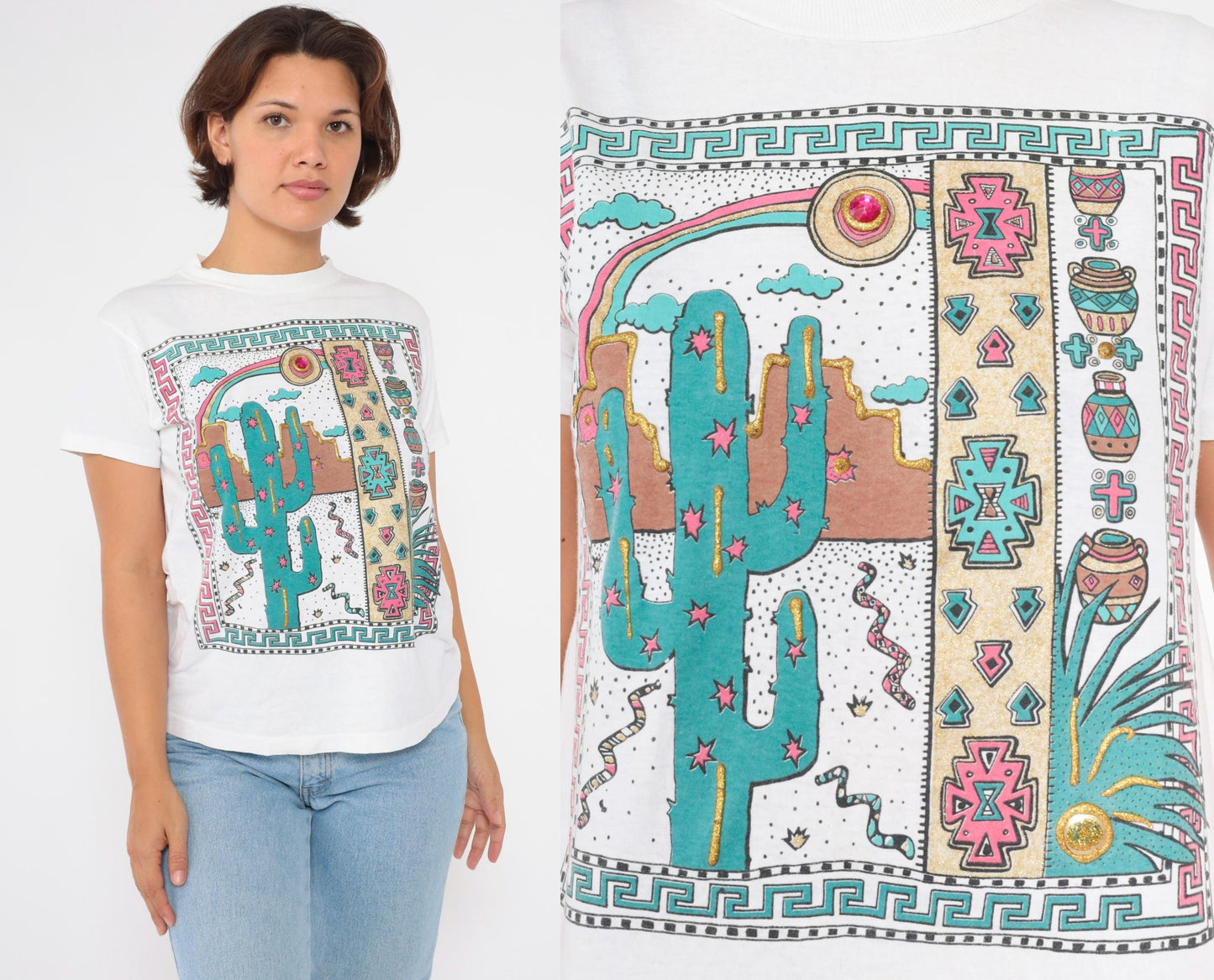 90s Southwestern Cactus Snake Graphic T-Shirt Sparkly Beaded Medium M