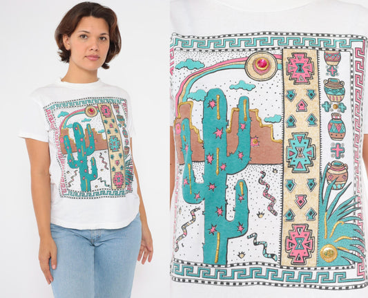 90s Southwestern Cactus Snake Graphic T-Shirt Sparkly Beaded Medium M