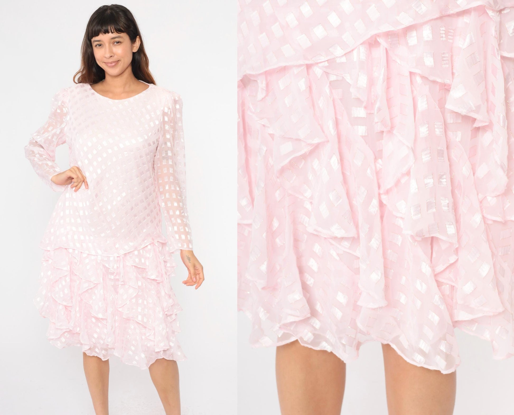 80s Patra Pink Midi Dress Drop Waist Puff Sleeve Ruffle Embossed Large L