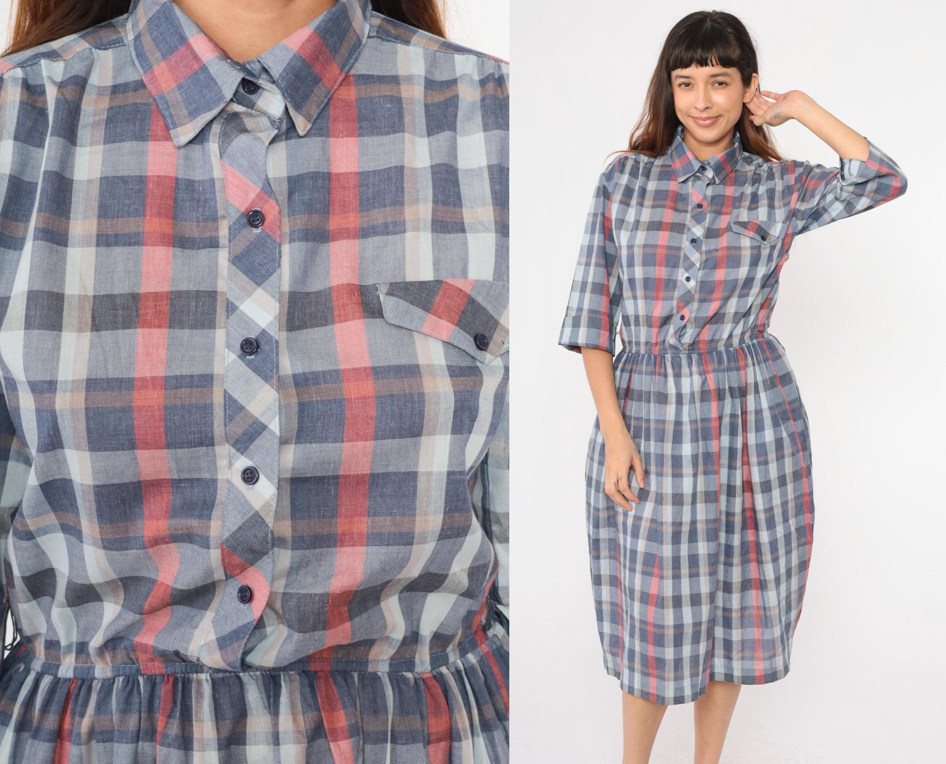 80s Paul Alfred Plaid Shirt Dress Blue Red Midi High Waist Medium