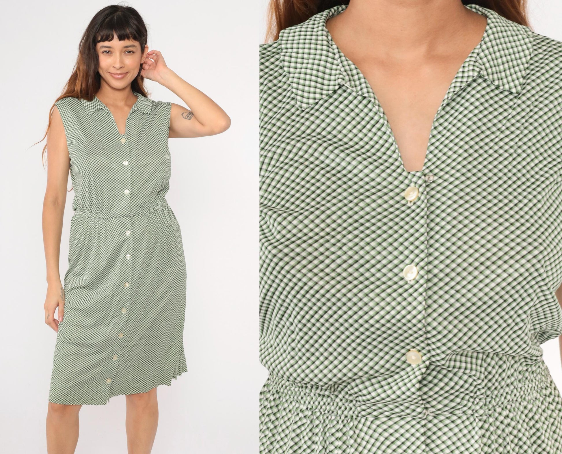 70s Green White Checkered Midi Dress High Waist Sleeveless Button Up Small Medium