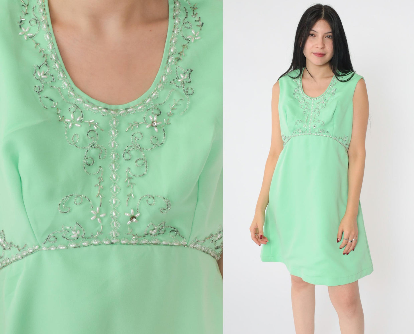 60s Mint Green Beaded Empire Waist Mini Dress Rhinestone Scoop Neck Medium