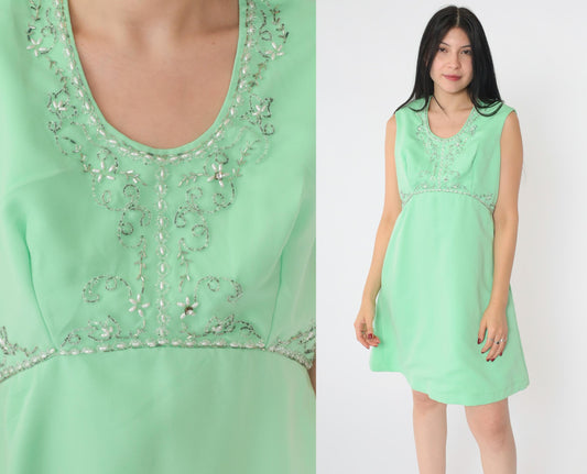 60s Mint Green Beaded Empire Waist Mini Dress Rhinestone Scoop Neck Medium