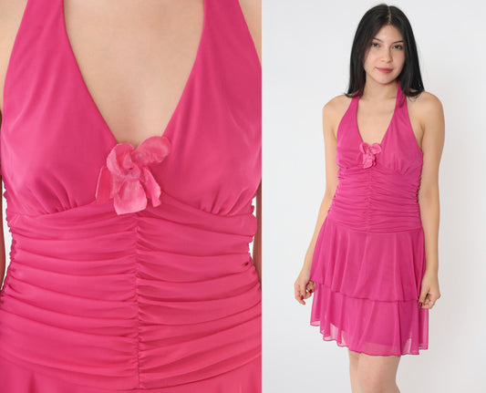 Y2K Hot Pink Halter Mini Dress Ruched Chiffon Floral Appliqué Small
