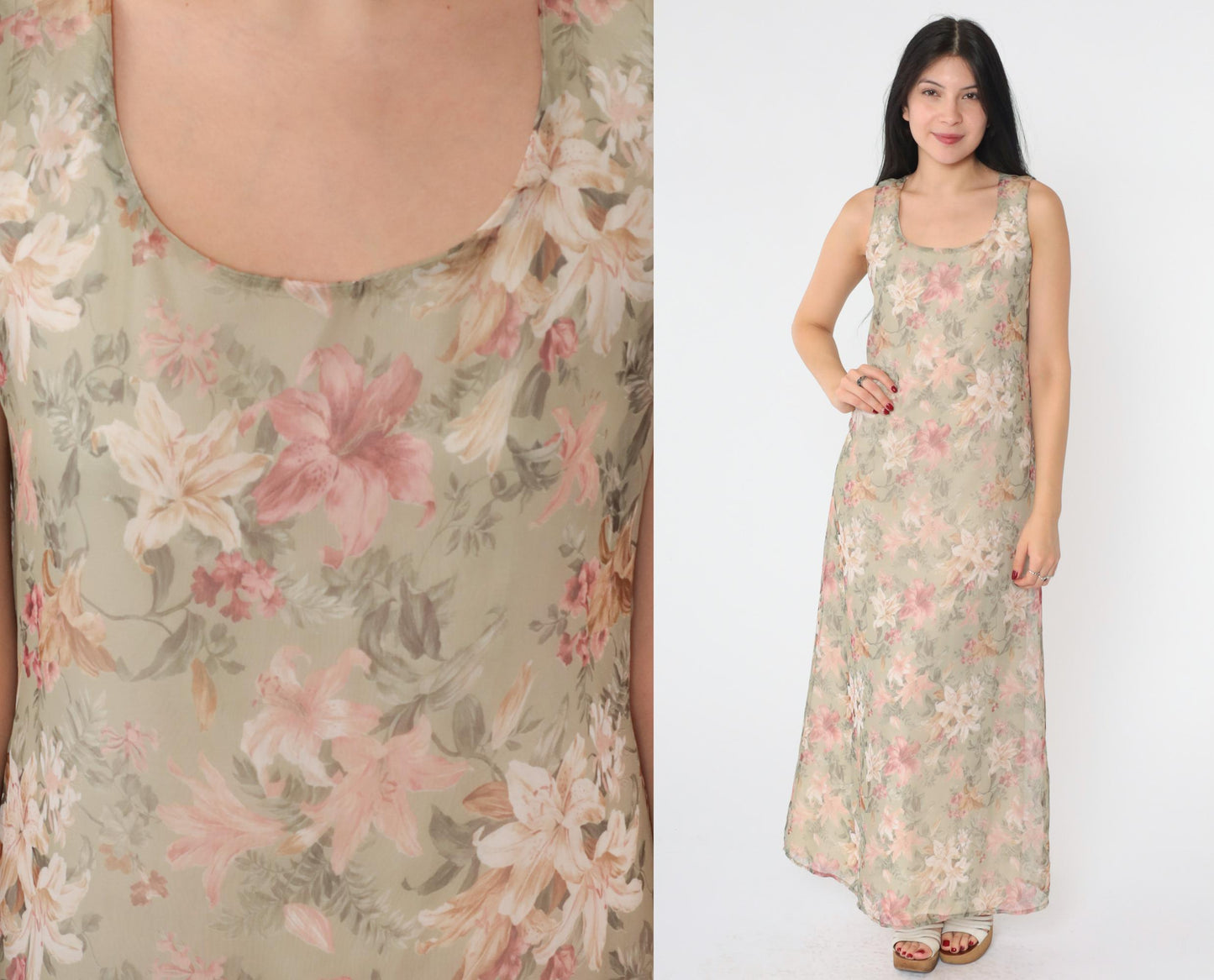 90s Floral Lily Maxi Sundress Soft Green Pink Sleeveless Scoop Neck Small