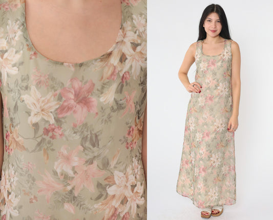 90s Floral Lily Maxi Sundress Soft Green Pink Sleeveless Scoop Neck Small