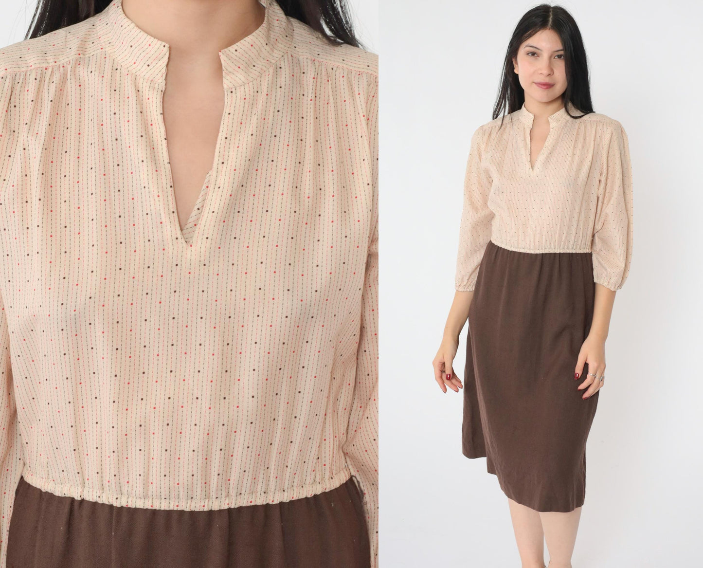 70s Beige Brown Dot Print Midi Dress High Elastic Waist V Neck Small