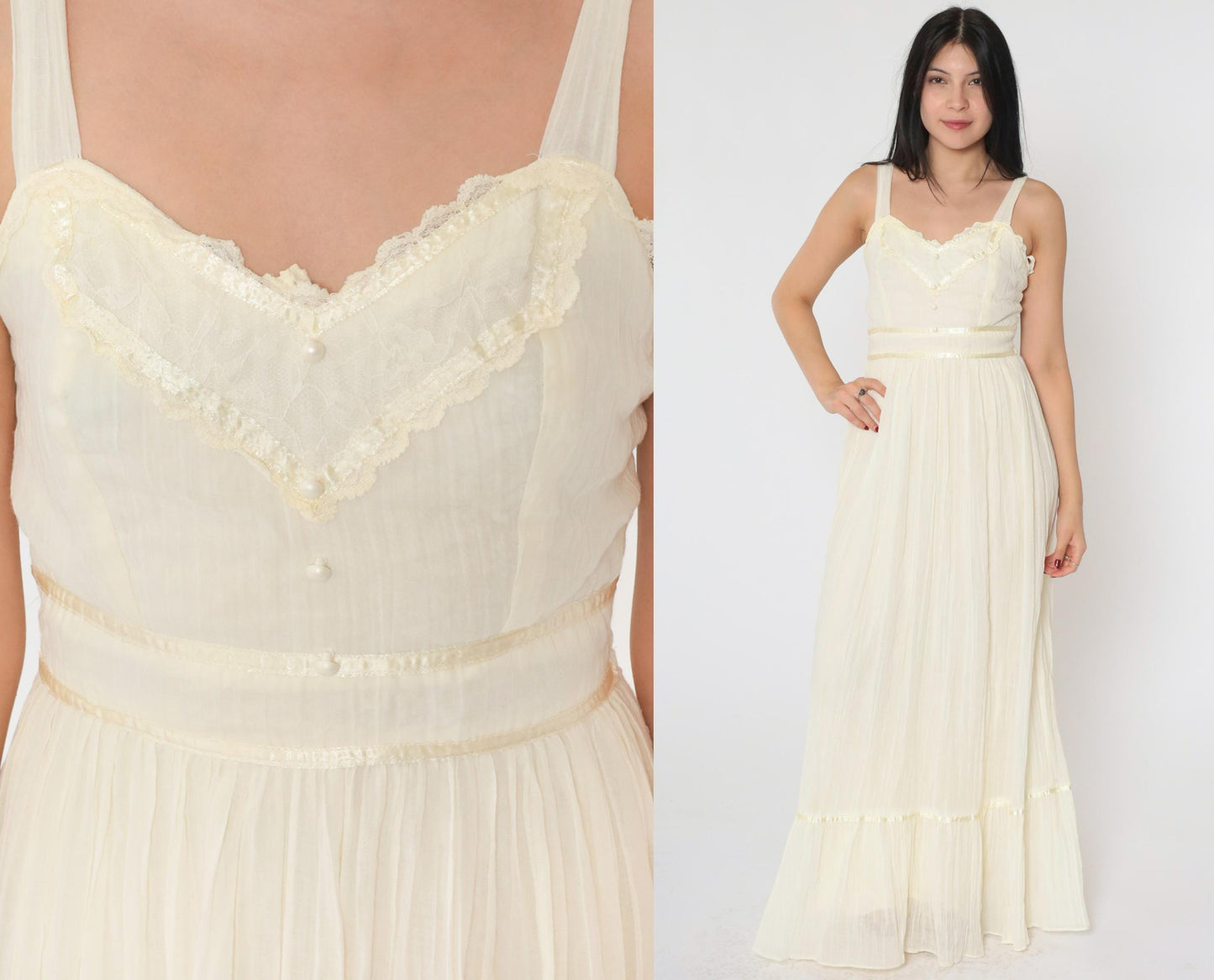70s Cream Tiered Maxi Dress Sweetheart Neckline Lace Trim Small