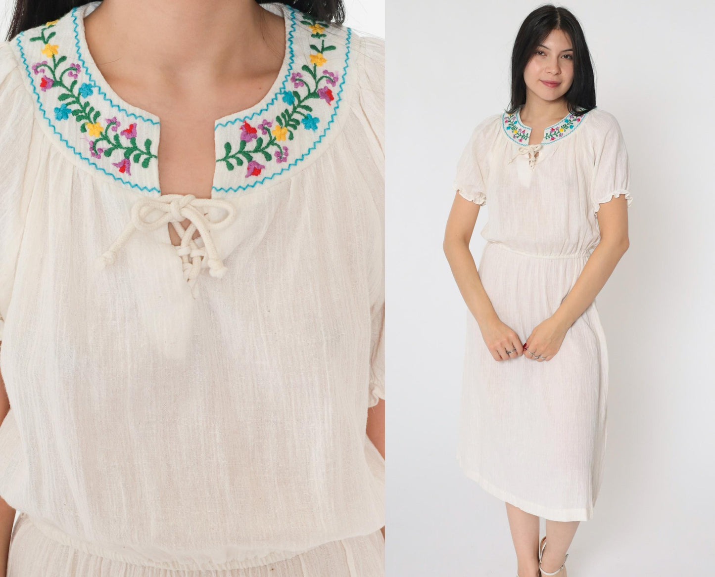 70s Floral Embroidered Off-White Gauze Peasant Dress Lace-Up Midi Small