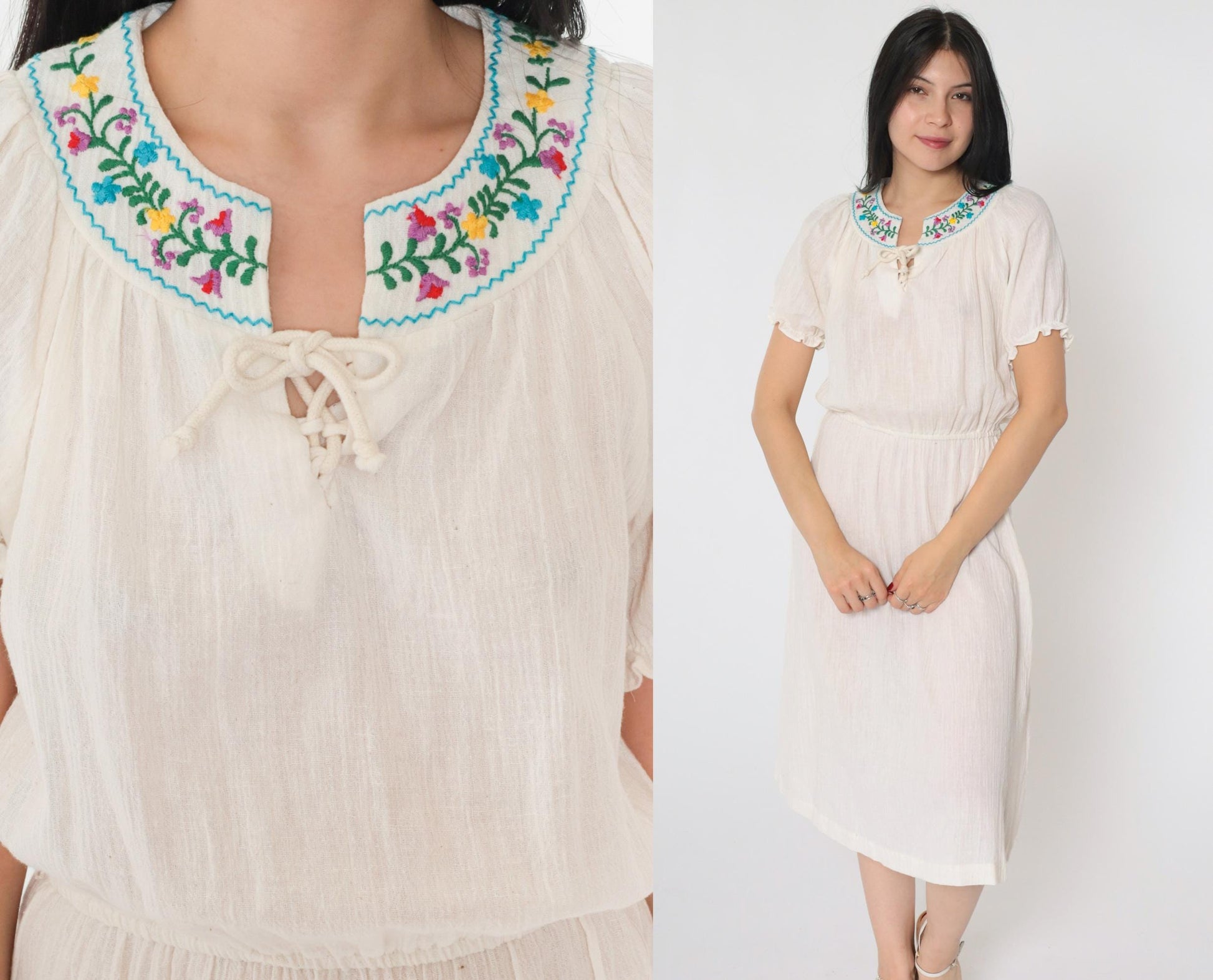 70s Floral Embroidered Off-White Gauze Peasant Dress Lace-Up Midi Small