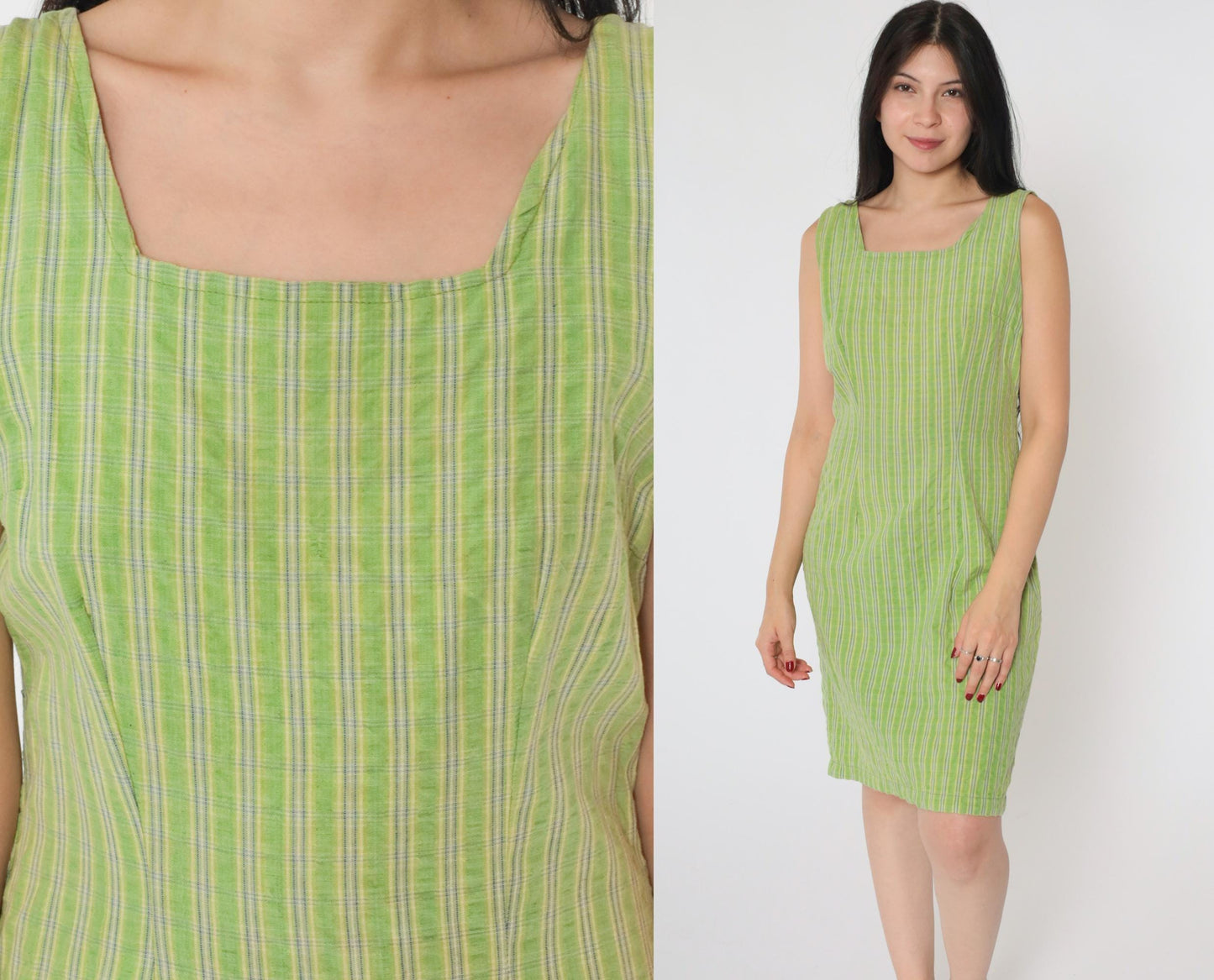 90s Forenza Green Checkered Mini Dress Square Neck Sleeveless Small