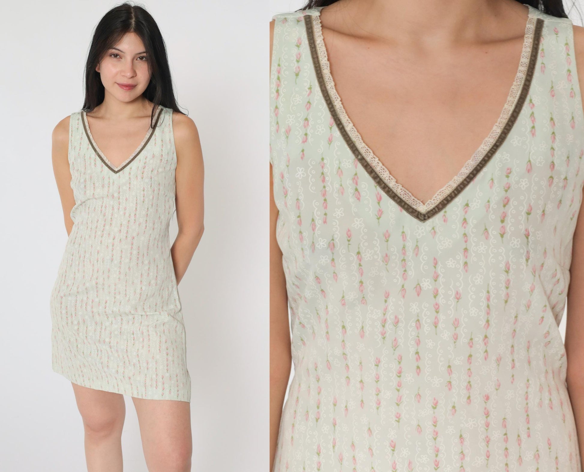 90s Mint Floral Sheath Mini Dress Deep V Neck Sleeveless Small
