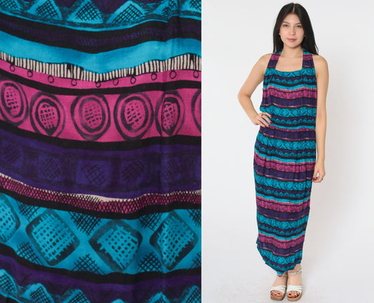 90s Geometric Midi Dress Racerback Sleeveless Blue Purple Pink Medium