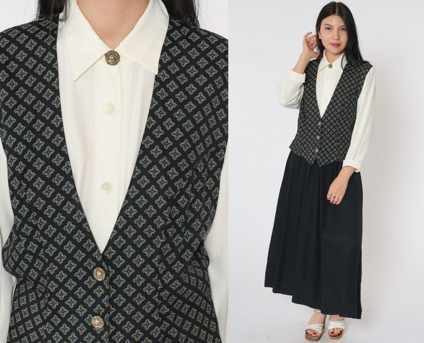 90s S.L. Fashions Maxi Dress Attached Geometric Vest White Black Button Front Small