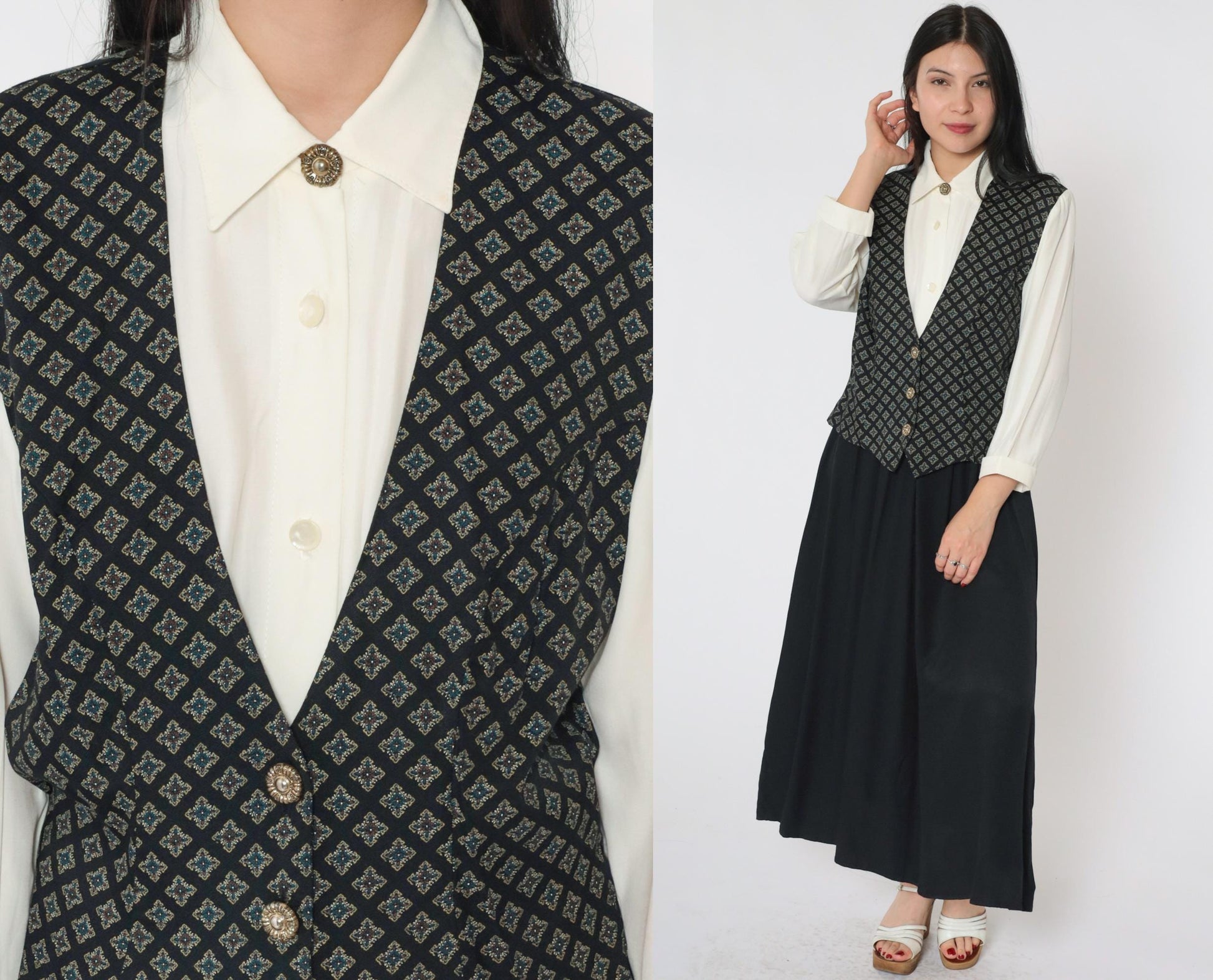 90s S.L. Fashions Maxi Dress Attached Geometric Vest White Black Button Front Small