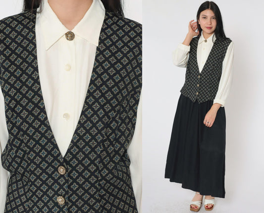90s S.L. Fashions Maxi Dress Attached Geometric Vest White Black Button Front Small