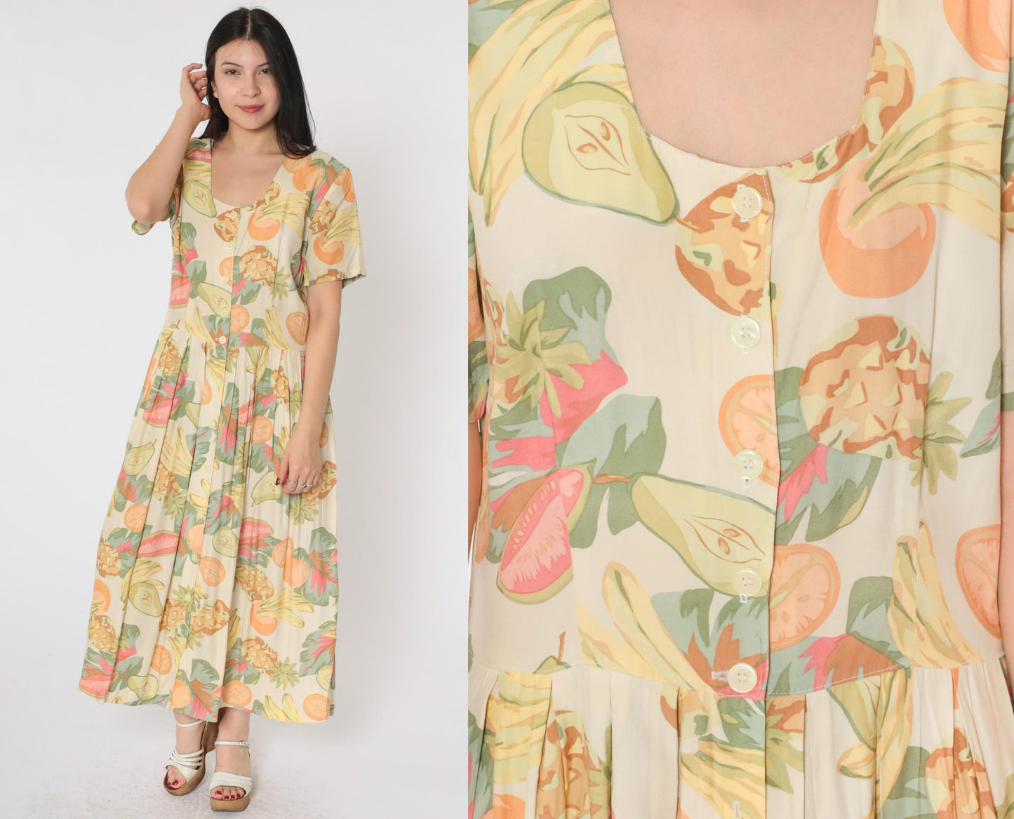 90s Tropical Fruit Print Button-Up Shirtdress Midi Cream Rayon Medium