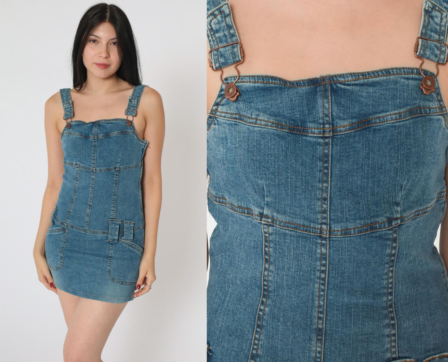 Y2K Hot Kiss Blue Denim Overall Mini Dress Bodycon Sleeveless Extra Small