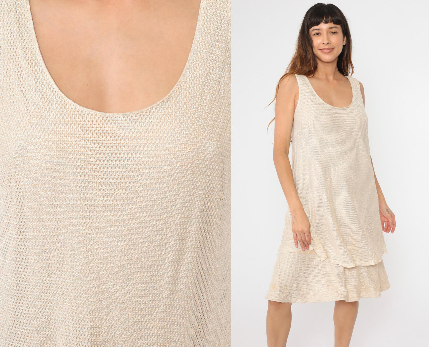 90s Onyx Nite Metallic Mesh Midi Dress Beige Sleeveless Tiered Large L