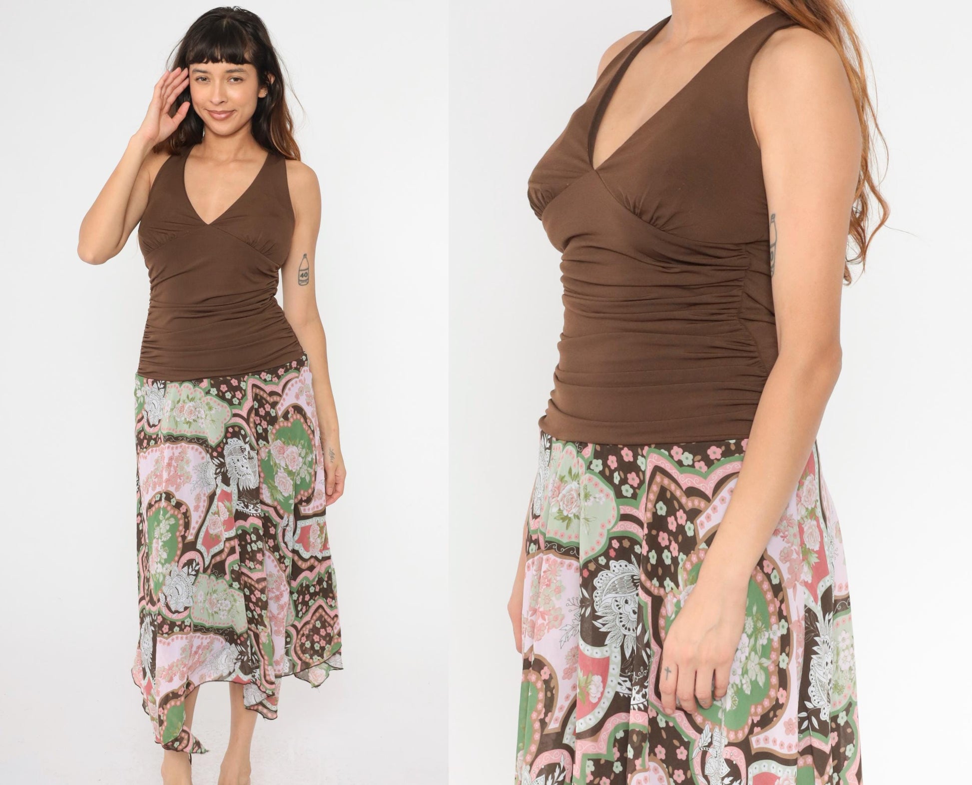 Y2K Floral Halter Midi Dress Brown Hanky Hem Drop Waist Sundress Large L