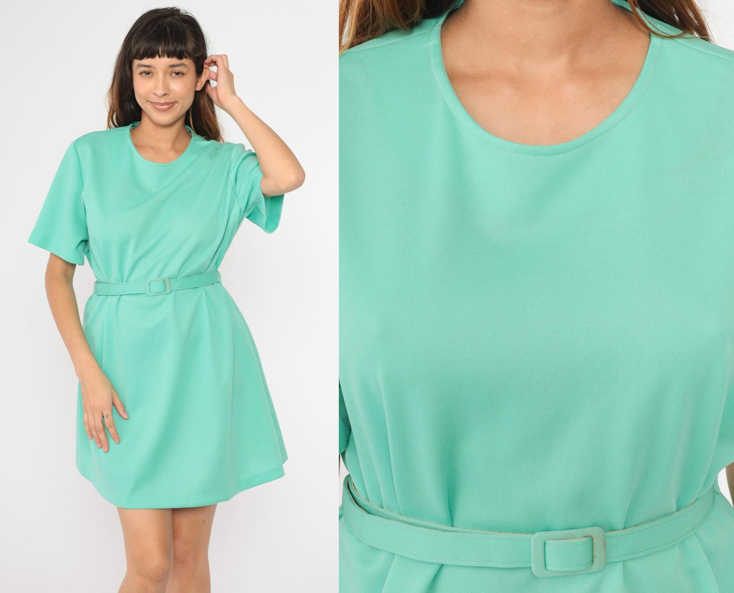 1970s Mint Green Shift Mini Dress Short Sleeve Belt XXL