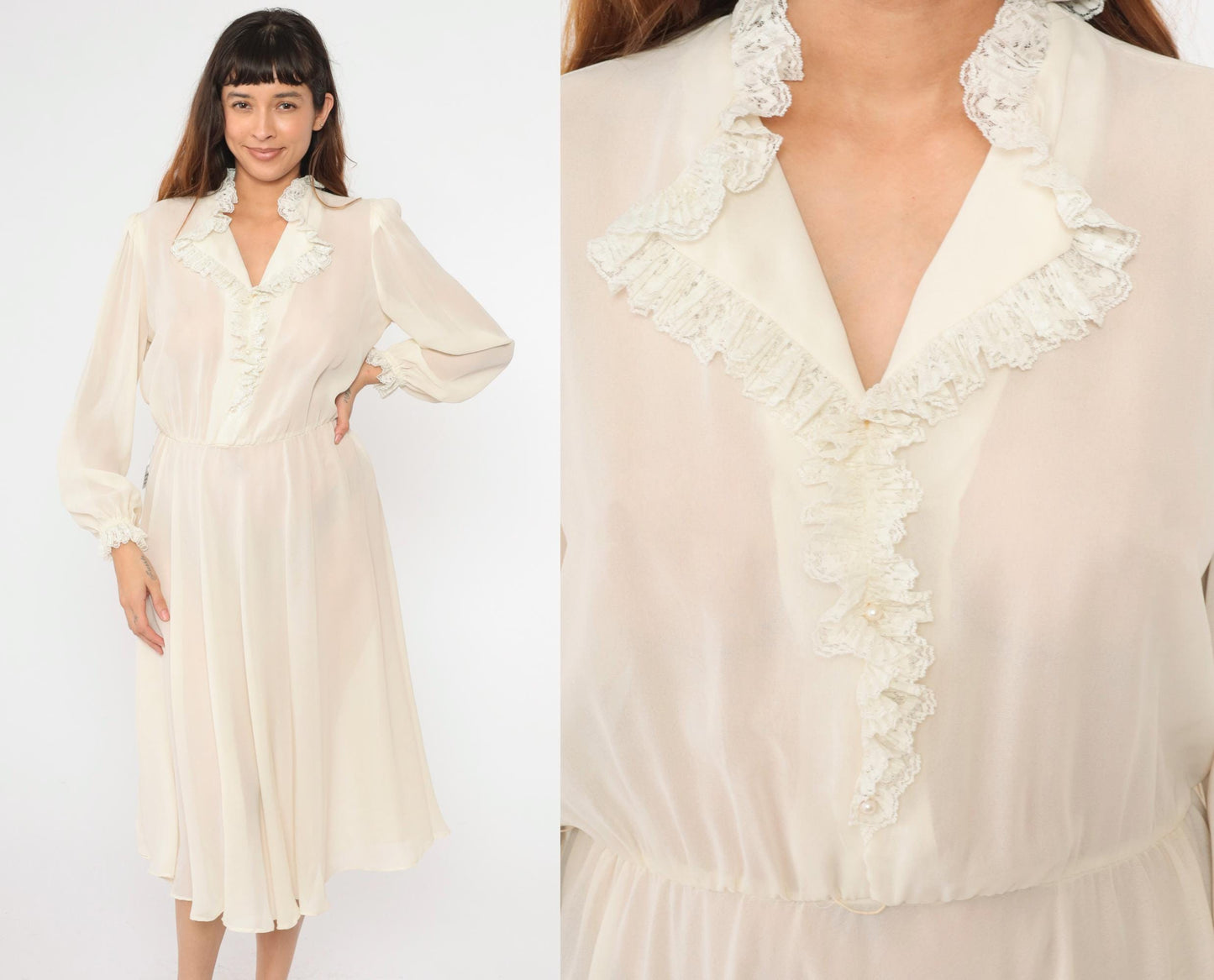 70s White Sheer Midi Dress Pearl Buttons Puff Sleeves High Waist Medium Large
