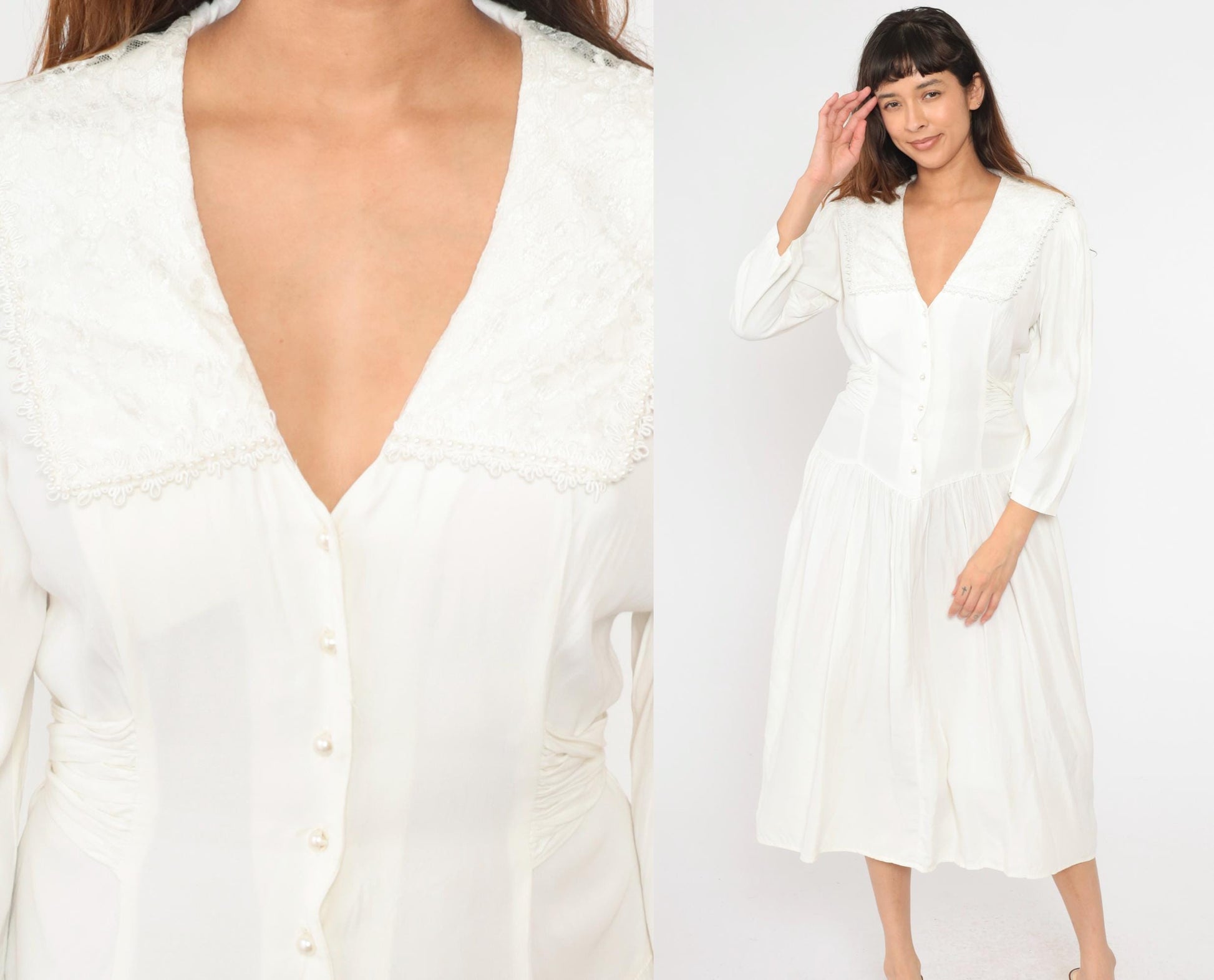 80s Jody California White Midi Dress Sailor Collar Button-Up Puff Sleeve Medium