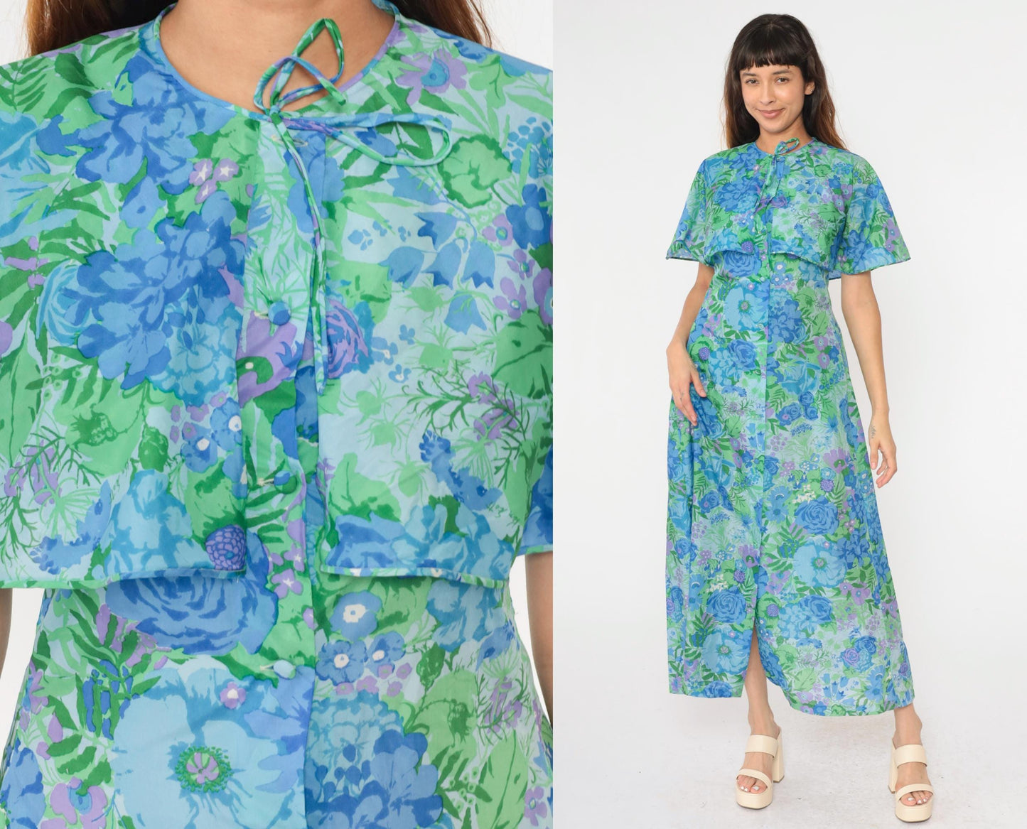 70s Lord & Taylor Floral Maxi Dress Blue Green Capelet Button Front Small