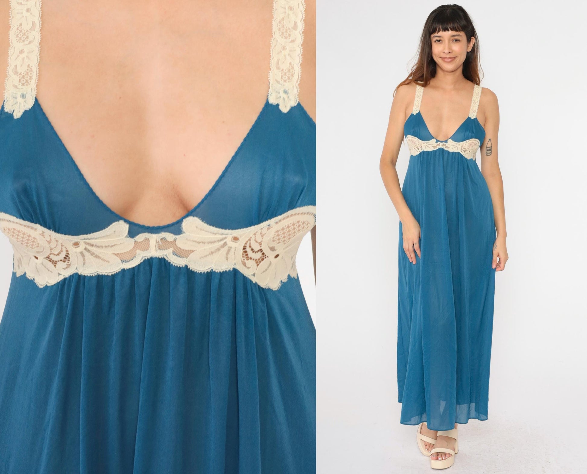70s Kayser Blue Nylon Nightgown Cream Lace Trim Maxi Empire Waist Medium