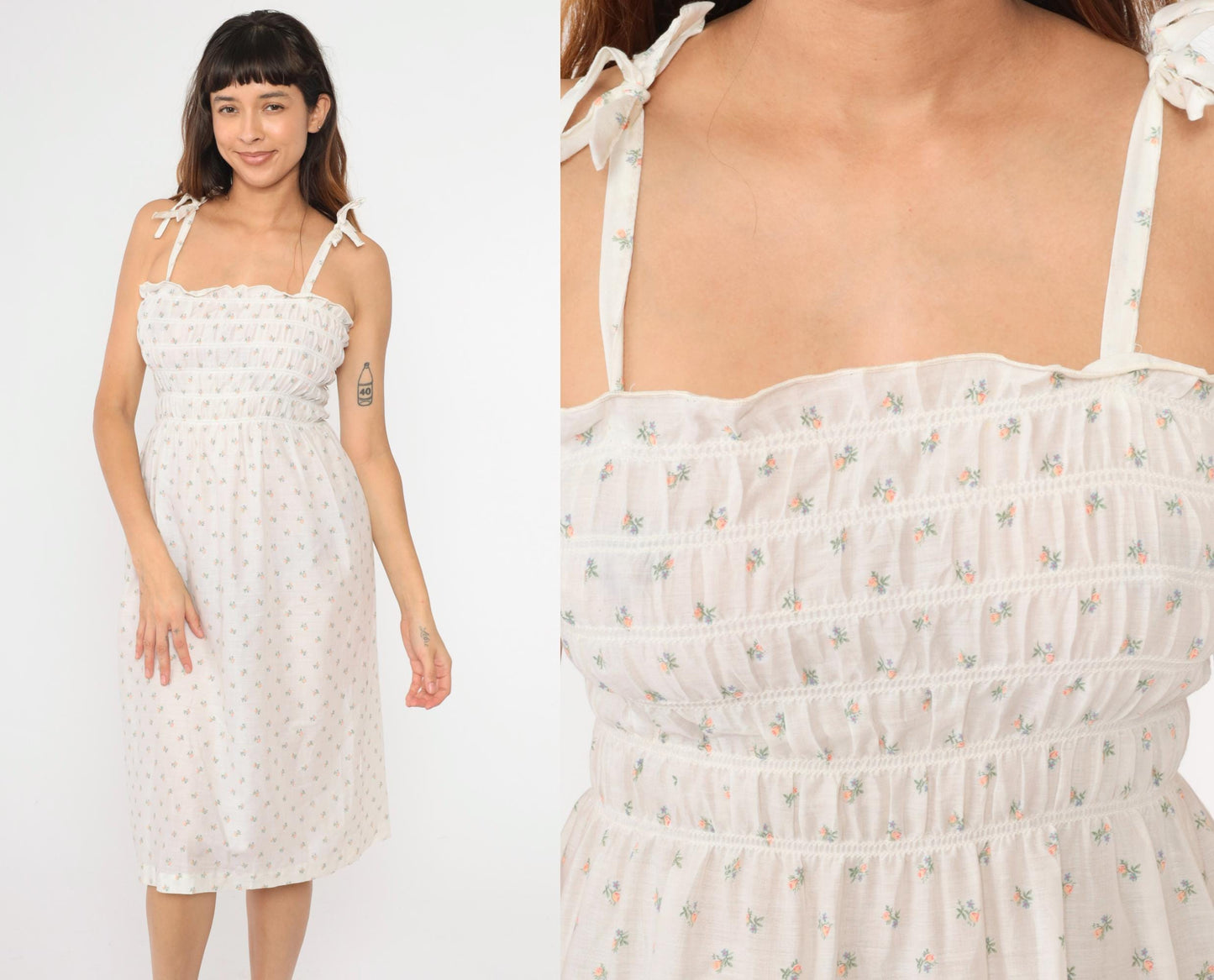 70s Floral Calico Sundress White Smocked Spaghetti Strap Midi Small