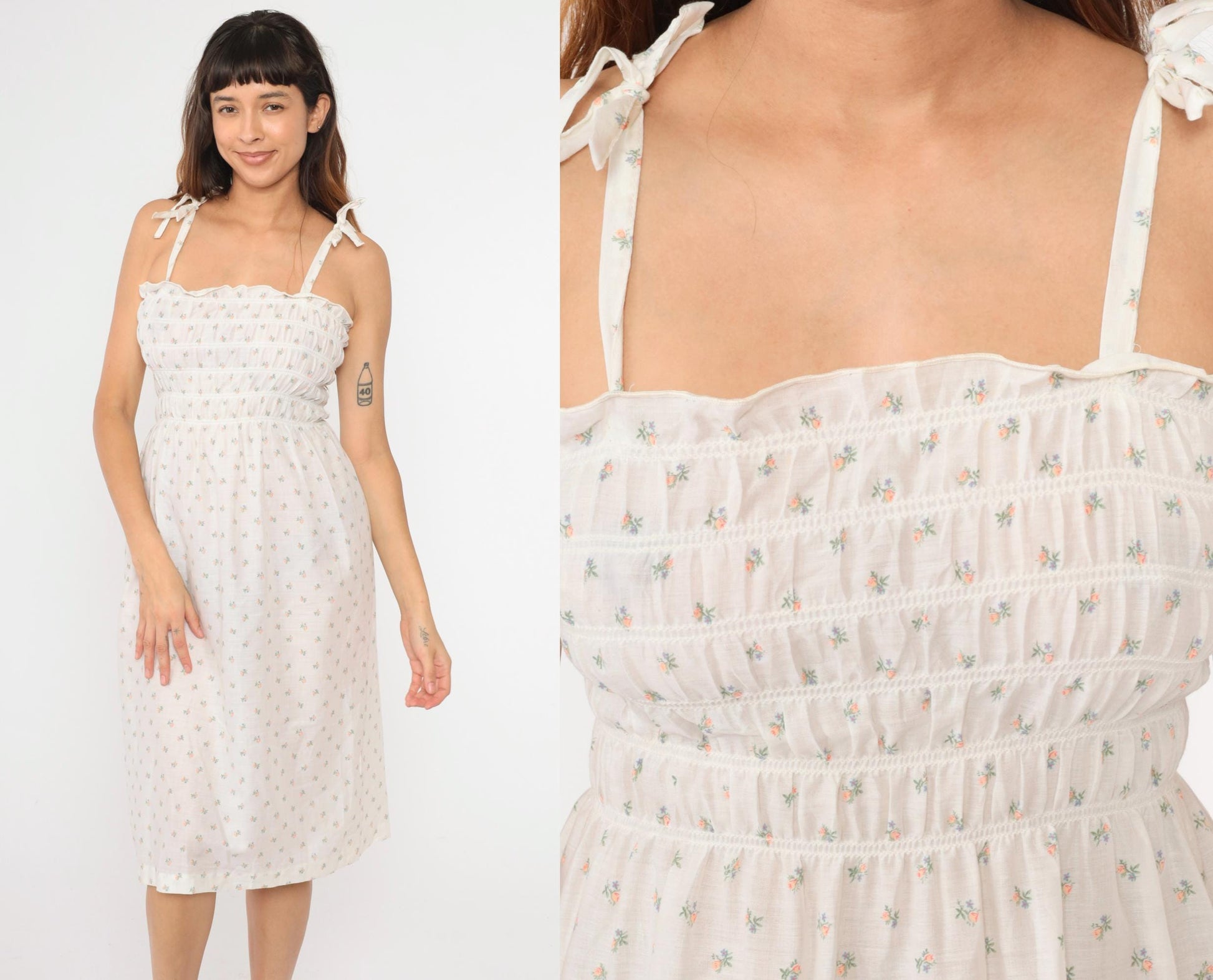 70s Floral Calico Sundress White Smocked Spaghetti Strap Midi Small