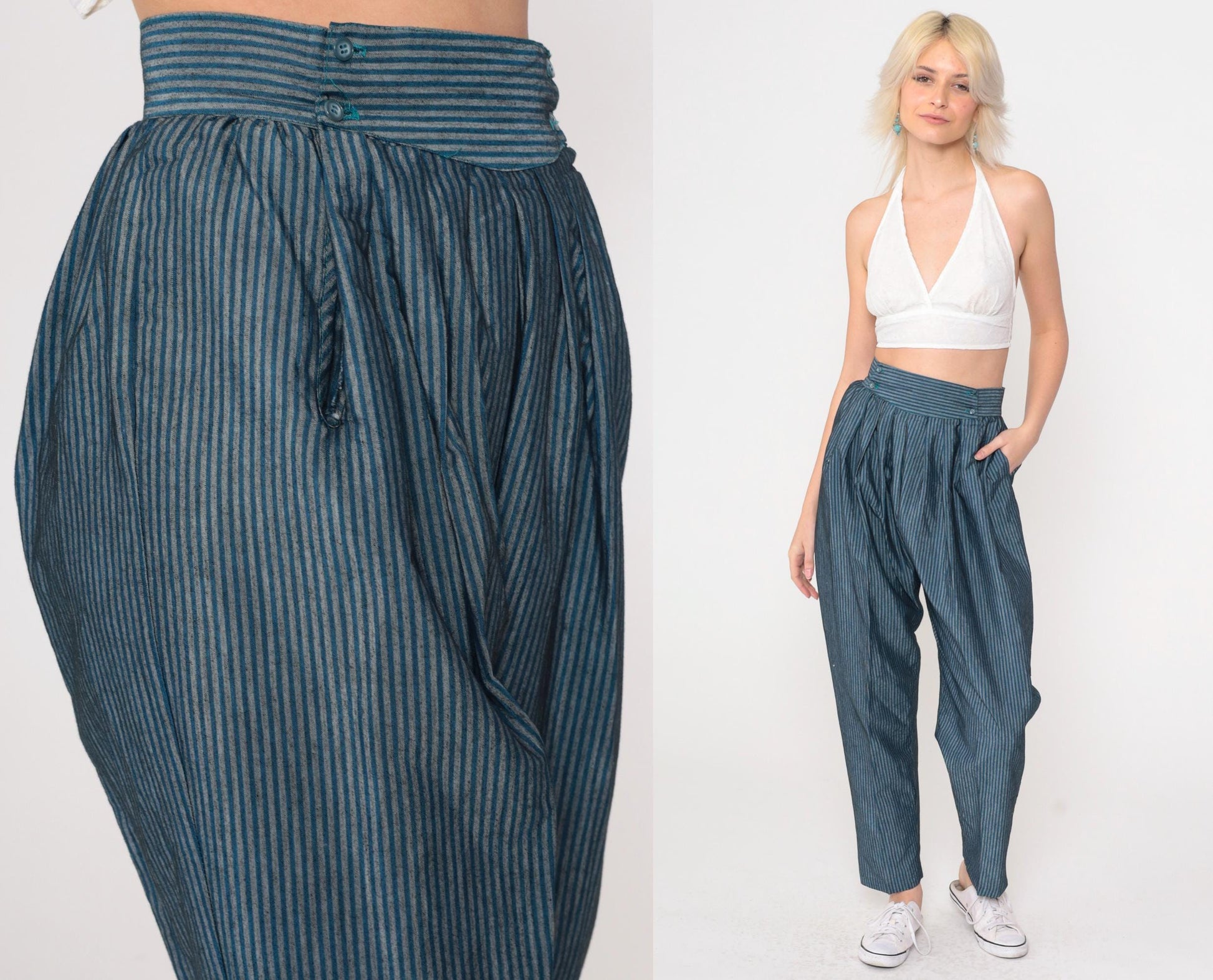 80s Parachute Pants Blue Grey Pinstripe High Waist Pleated Tapered Small