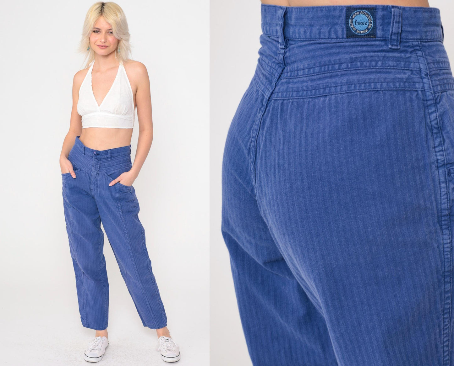 90s Blue Pinstriped High-Waist Tapered Pants Cotton Small