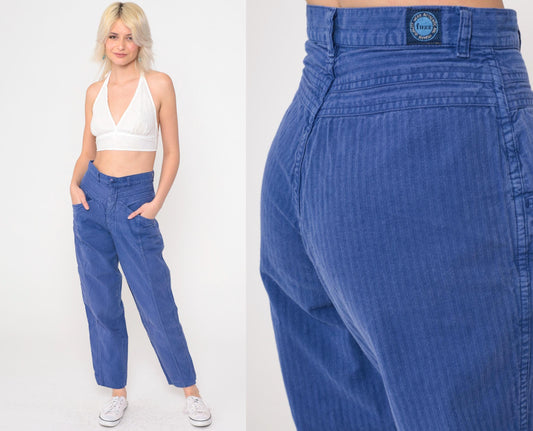 90s Blue Pinstriped High-Waist Tapered Pants Cotton Small
