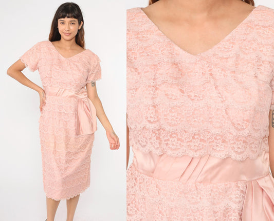 1960s Pink Lace Cocktail Dress Satin Trim High Waist Short Sleeve Medium Large