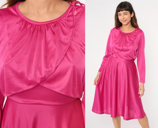 70s Fuchsia Grecian Draped Midi Dress Tie Shoulder Long Sleeve Small
