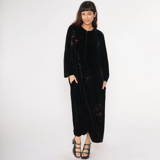 80s Exquisite by Judith Lebkoff Velour Maxi Lounge Dress Black Floral Hand Painted Large