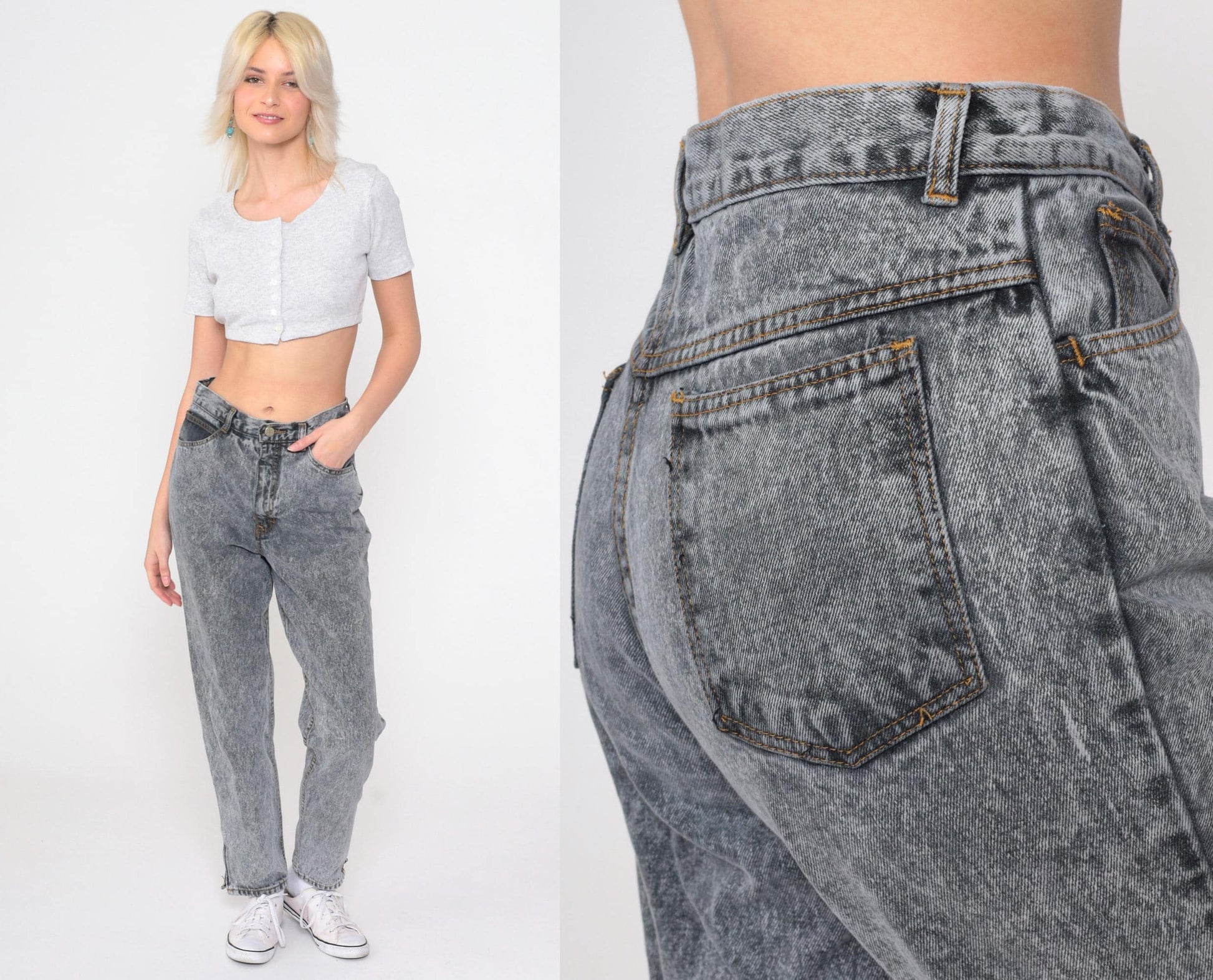 90s Hunt Club Acid Wash High-Waist Jeans Ankle Zip Grey Denim Small