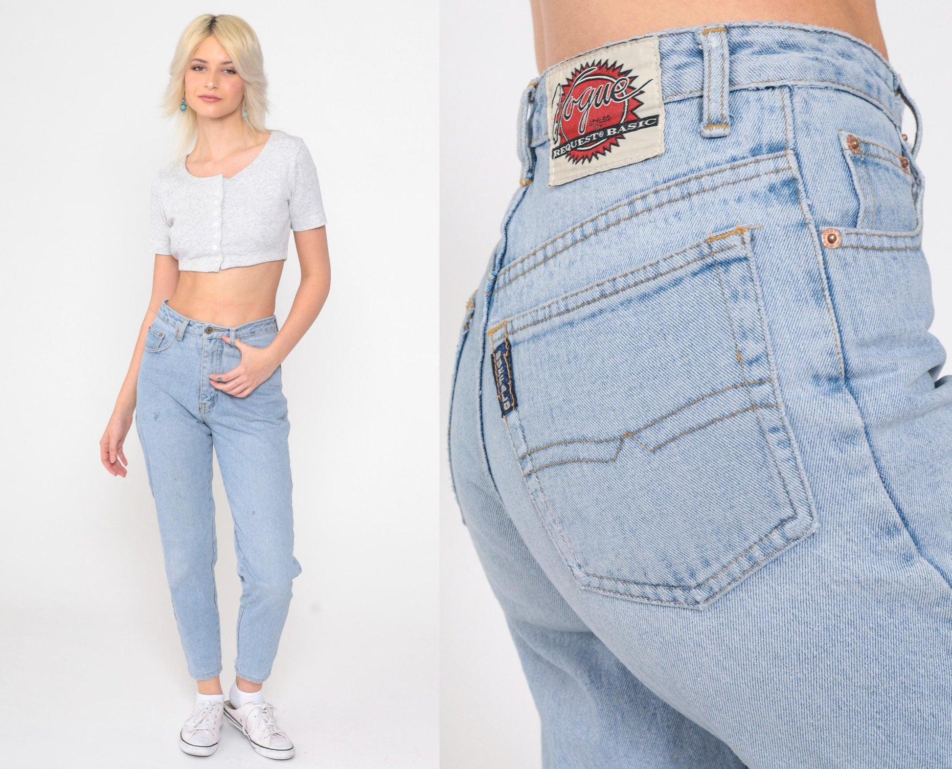 90s High Waisted Tapered Ankle Jeans Blue Denim Small
