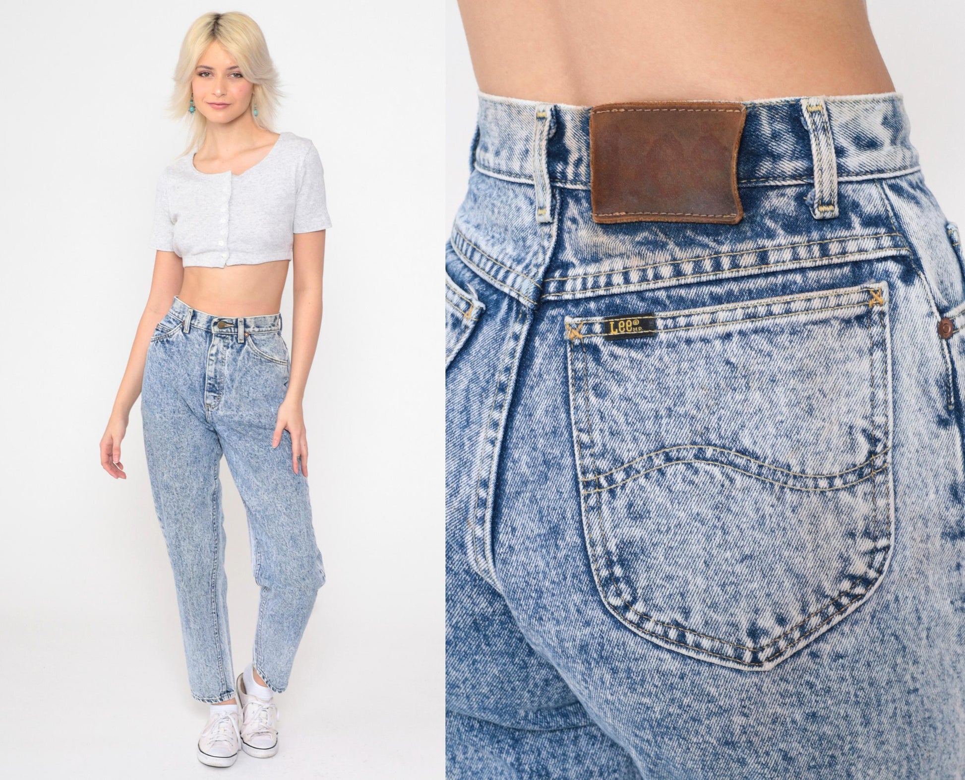 80s Lee Acid Wash Jeans High Waist Tapered Slim Leg Blue Denim Small