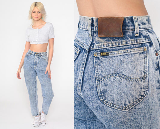 80s Lee Acid Wash Jeans High Waist Tapered Slim Leg Blue Denim Small