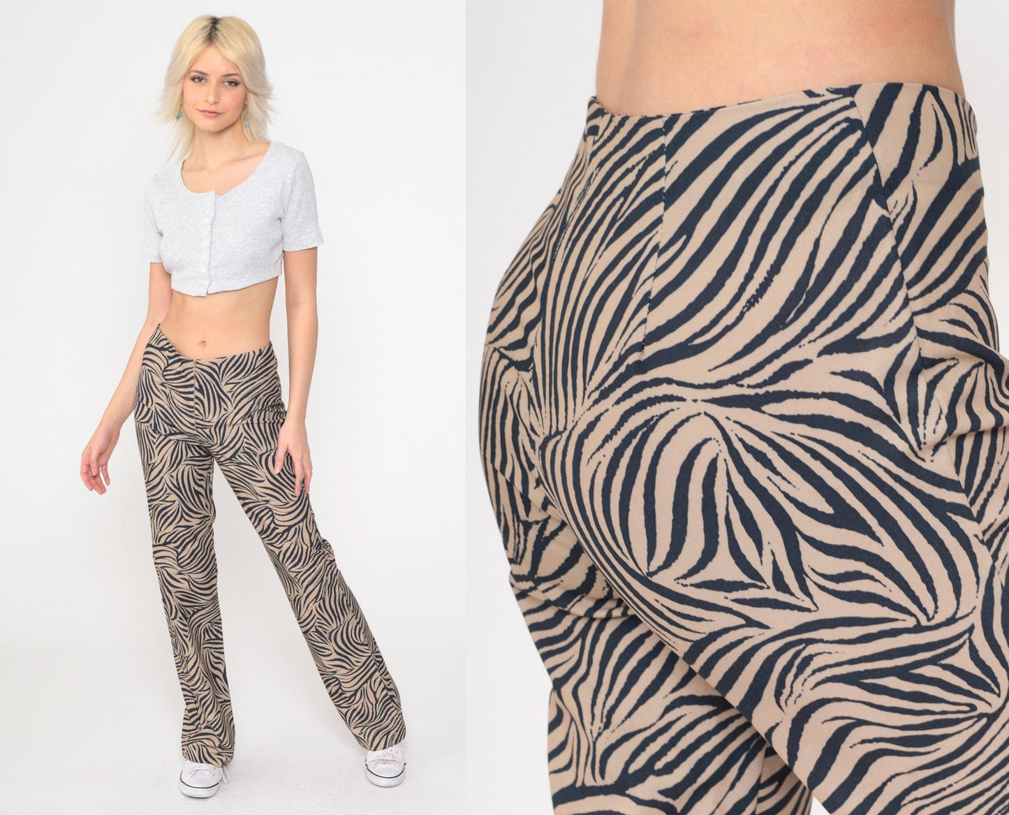 Y2K Zebra Stripe Flared Pants Black Tan Mid Rise Front Zip Medium 9
