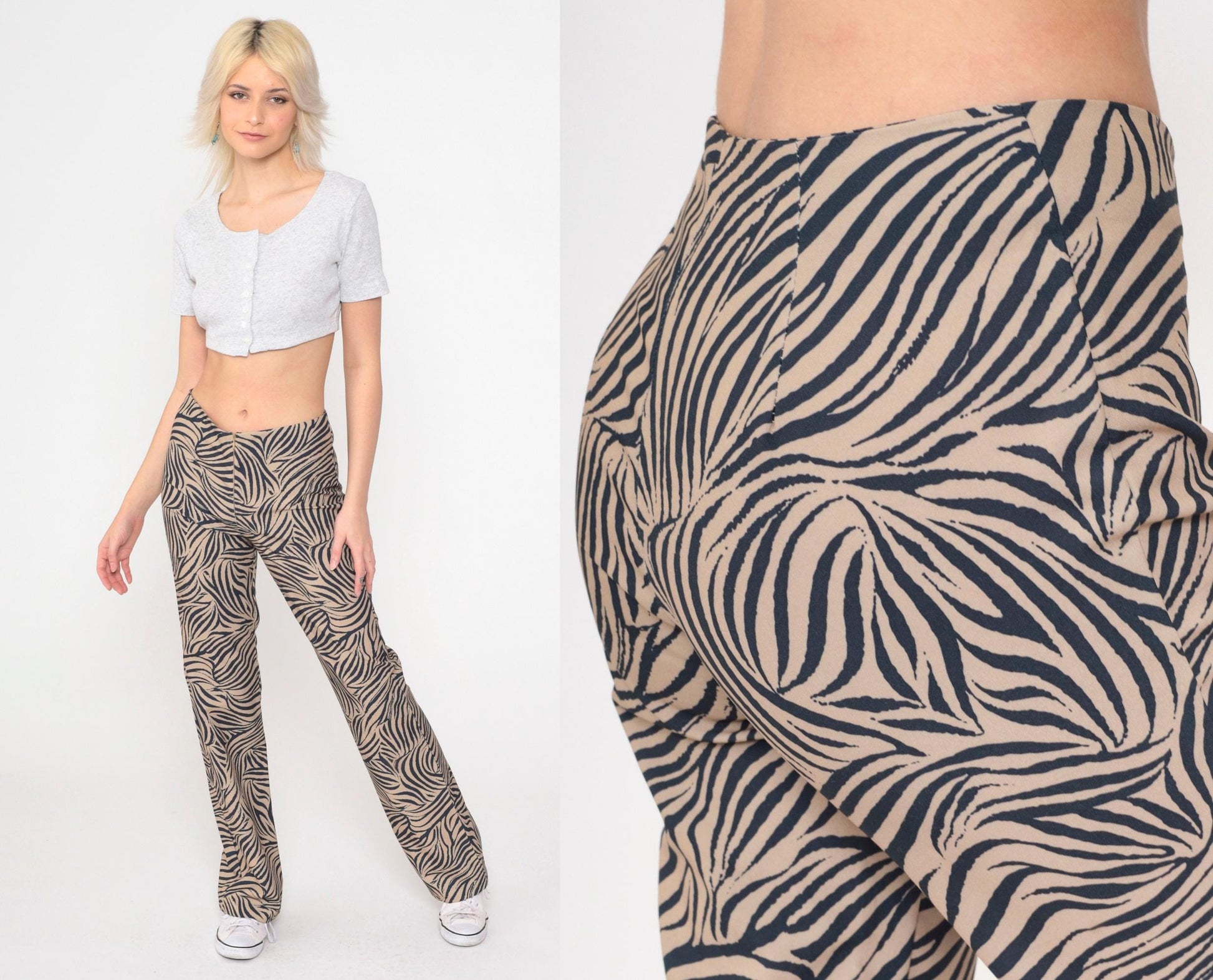 Y2K Zebra Stripe Flared Pants Black Tan Mid Rise Front Zip Medium 9
