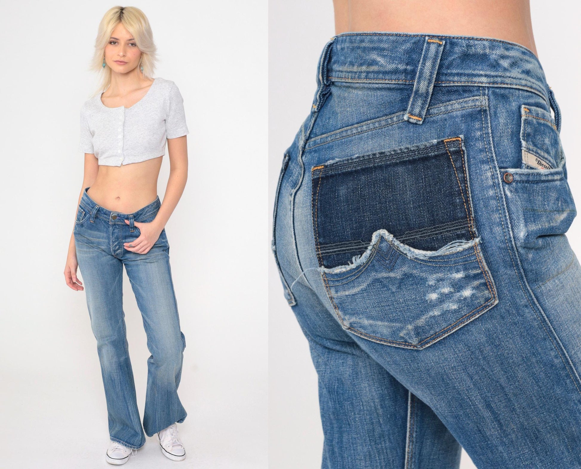 00s Diesel Industry Bootcut Jeans Mid Rise Faded Blue Distressed Denim Small 27